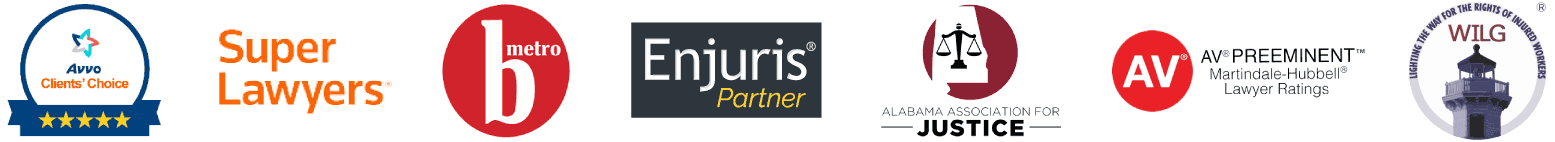 Avvo Clients' Choice, Super Lawyers, B Metro, Enjuris Partner, AL Association for Justice, AV Preeminent, Workers' Injury Law & Advocacy Group (WILG)
